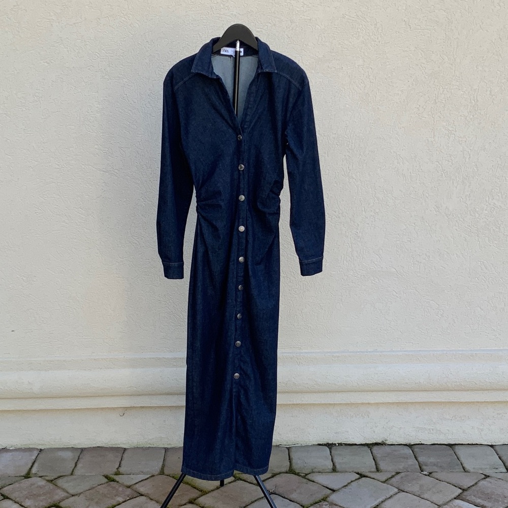 Zara Dark Blue Long Sleeve Denim Dress